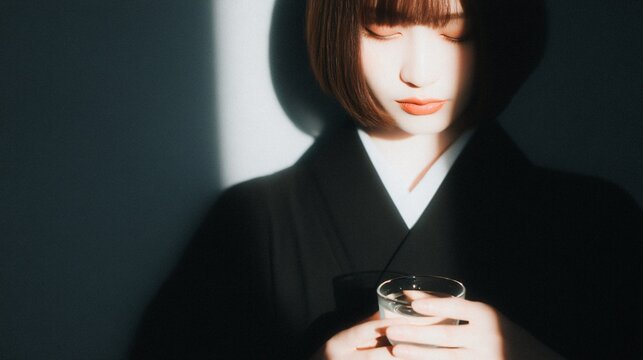person appreciating aroma of sake, mindful drinking concept, calm emotion, soft portrait lighting