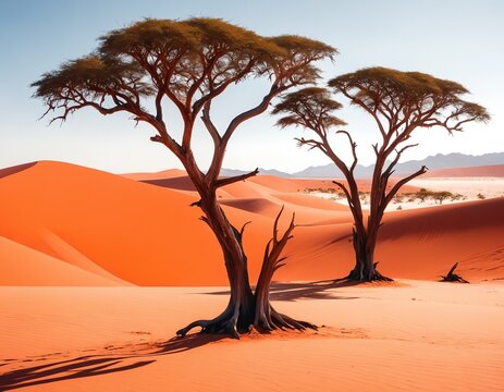 Hyper-realistic professional photo of Ancient dried camel thorn trees against red sand dunes in Dead Vlei
