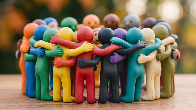 Colorful clay figures standing together in a circle, symbolizing unity, diversity, and teamwork