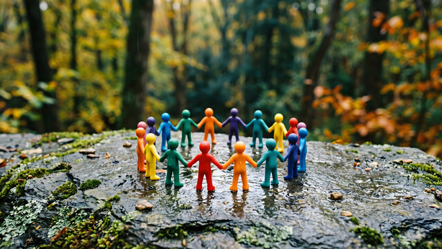 Colorful little figures holding hands in a circle on a mossy rock in an autumn forest symbolizing unity, teamwork, and friendship