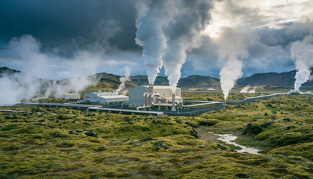 Geothermal Power Plant in Icelandic Mossy Landscape Generative AI