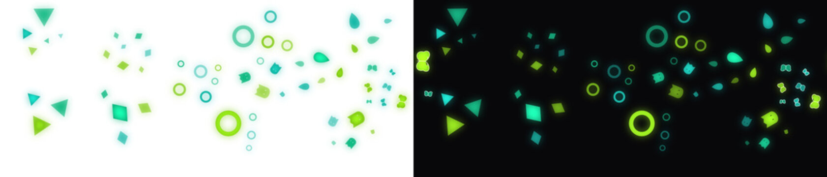 Abstract geometric confetti background, green and teal floating shapes, modern digital pattern for web banners and social media