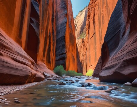 Hyper-realistic professional photo of Towering red sandstone walls of The Narrows in Zion
