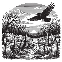 Naklejka premium flying crow over cemetery engraving