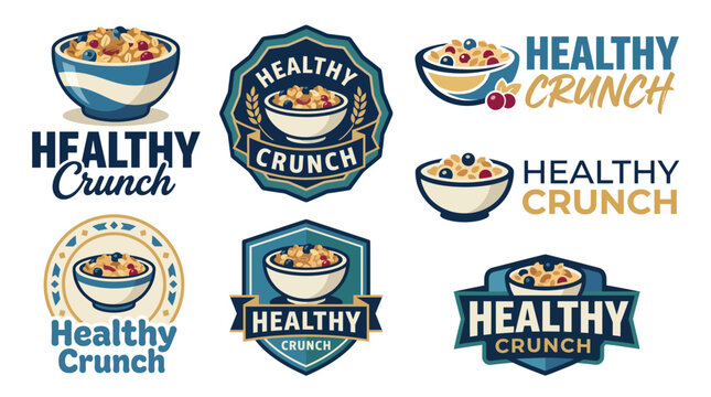 This image showcases a collection of vibrant logo designs for a brand called Healthy Crunch, featuring bowls of crunchy cereal and fruit in various artistic styles.