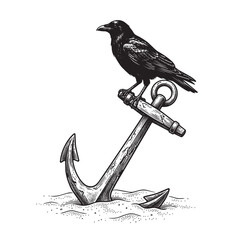 Naklejka premium raven perching rusty anchor engraving