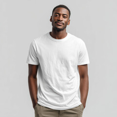 Obraz premium Portrait of confident African male model wearing plain white t-shirt against neutral studio background, versatile fashion and lifestyle stock photo.