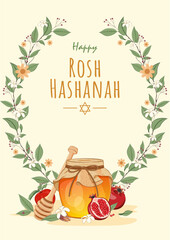 Obraz premium Happy Rosh Hashanah Greeting Poster with Floral Wreath, Honey Jar, Apples, Pomegranate and Jewish Holiday Elements. Editable Vector Illustration. 