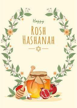 Happy Rosh Hashanah Greeting Poster with Floral Wreath, Honey Jar, Apples, Pomegranate and Jewish Holiday Elements. Editable Vector Illustration. 