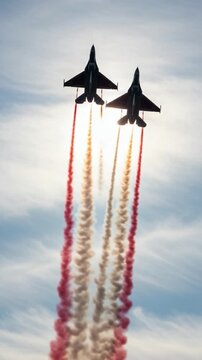 Two fighter jets performing an aerial acrobatic display with red and white smoke trails against a bright sky, representing power, speed, and aviation precision