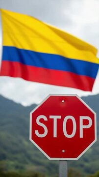Stop sign in front of the Colombian flag fluttering in the wind representing traffic laws and regulations in South America