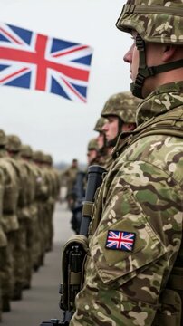 British soldier in camouflage uniform standing in formation with Union Jack flag in background representing UK military service