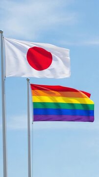 Japanese flag and rainbow pride flag waving together under a clear blue sky, symbolizing diversity and LGBTQ+ rights in Japan