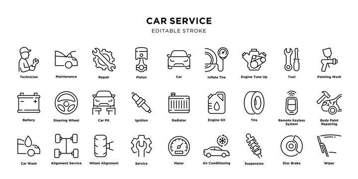 Car service and auto repair line icon set with editable stroke