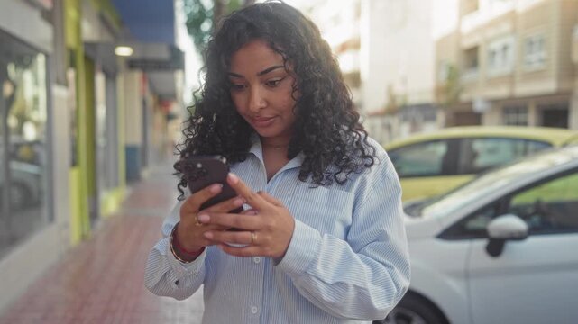 Woman holding smartphone on street, hands tapping and scrolling the touchscreen with visible rings and thumb, near parked car and storefront; urban focus.