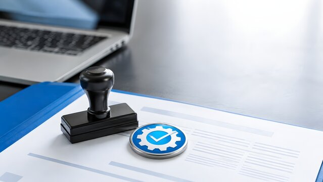 Approved document with checkmark gear stamp and laptop