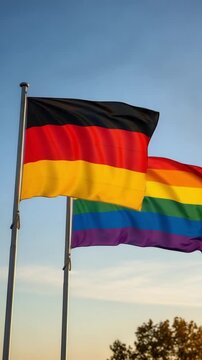 German and rainbow flags flying side by side against a clear blue sky, symbolizing diversity, unity, inclusion, and national pride