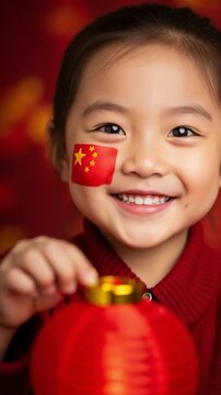 Young Chinese girl smiling with national flag painted on cheek holding red lantern for celebration