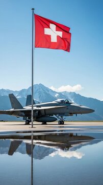 Swiss Air Force fighter jet parked with Swiss flag and mountain backdrop reflection in water puddle