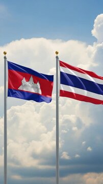 Flags of Cambodia and Thailand waving proudly together against a dramatic cloudy sky background representing international diplomacy and alliance
