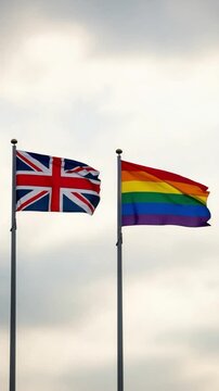 British flag and rainbow pride flag flying side by side on poles symbolizing LGBTQ equality and national unity in modern society