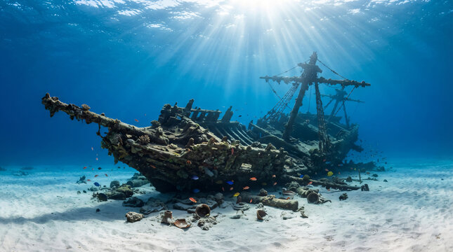 Ancient wooden shipwreck resting clean white sand sea ocean floor bright sunbeams breaking through clear blue water surface deep sea underwater archaeology adventure travel concept scene