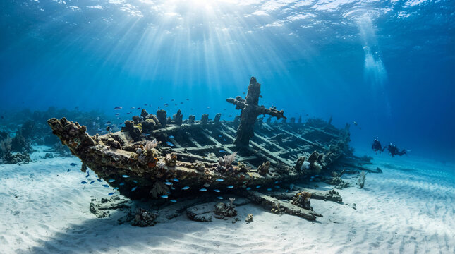Ancient wooden shipwreck resting clean white sand sea ocean floor bright sunbeams breaking through clear blue water surface deep sea underwater archaeology adventure travel concept scene