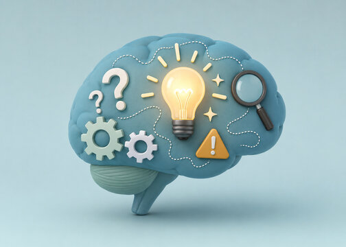 AI generated brain glowing light bulb gears question marks magnifying glass warning symbol representing creativity problem solving research innovation critical thinking