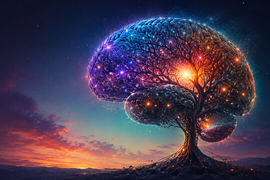 AI generated cosmic brain shaped tree glowing neural branches radiant energy representing intelligence consciousness imagination knowledge creativity human mind