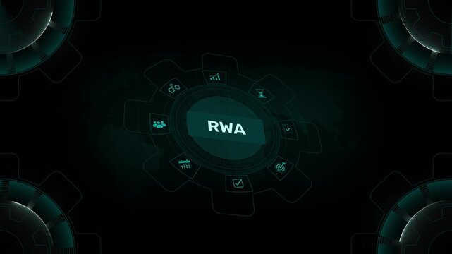 RWA real world assets tokenization and risk weighted assets concept on digital gear HUD background loop