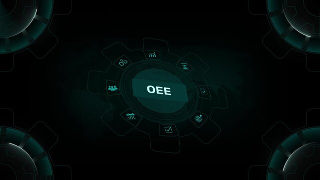 OEE acronym, overall equipment effectiveness concept, identifies the percentage of manufacturing time that is truly productive. on digital gear HUD interface background loop