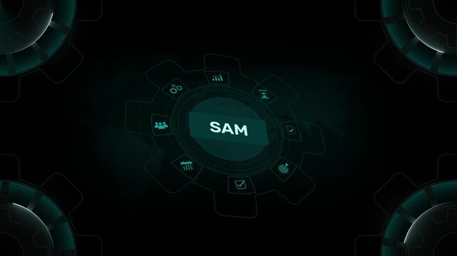 SAM software asset management and serviceable addressable market concept on digital gear HUD background loop