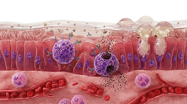 3D render of mast cell degranulation in the nasal mucosa releasing inflammatory mediators in response to allergens with mucus secretion and blood flow