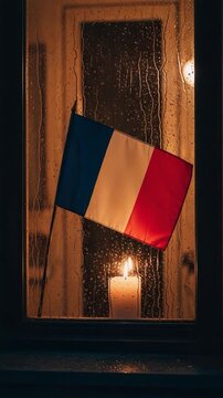French flag and burning candle behind a rainy window at night symbolizing solidarity and mourning
