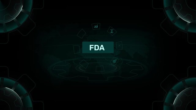FDA Regulatory Compliance Interface with Circular Digital System and Healthcare Icons. Representing Medical, on digital gear HUD interface background loop