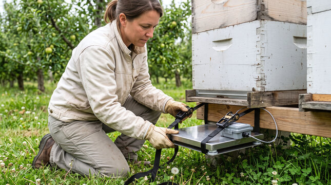 Beekeeper installing digital scale data logger sensor under beehive in orchard
