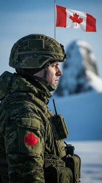 A male Canadian soldier in military camouflage uniform standing outdoors in a snowy landscape with a Canadian flag, representing national defense, patriotism, and military service.