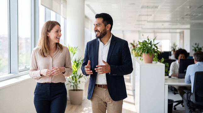 Two business professionals taking a relaxed walk while talking in a bright office hallway for World Mental Health Day, perfect for social media posts.