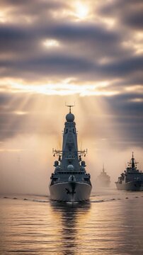 A majestic naval fleet of modern warships sailing through fog at sunrise with dramatic sunbeams lighting up the serene ocean water