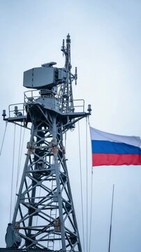 Russian naval warship mast with radar antenna and national flag flying against an overcast sky symbolizing military power and maritime defense