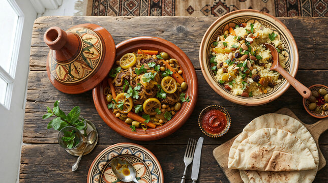 Top view traditional Moroccan tajin dish meat lemons stew bowl cooked couscous flatbread rustic wooden dining table middle eastern culinary food styling layout restaurant commercial concept