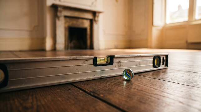 Spirit level tool and rolling marble testing uneven wooden floor slope in room