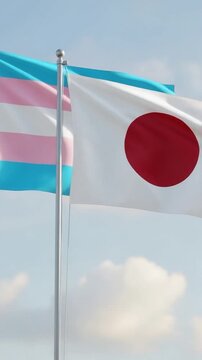 Transgender Pride and Japan Flags Waving Together Representing Equality and International Solidarity