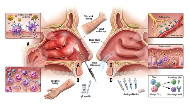Medical illustration of allergic rhinitis diagnosis and treatment showing nasal anatomy, skin prick testing, blood IgE tests, and various therapeutic options like antihistamines and corticosteroids