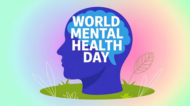 World mental health day concept illustration with human head silhouette and brain mental wellness psychology conce