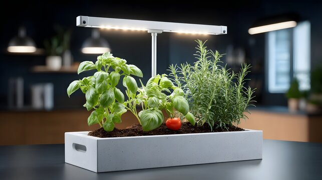 Indoor hydroponic herb garden kit with led grow lights on kitchen table indoor plants smart garden rosemary plant kitchen counter urban farming led lighting organic herbs plant growing