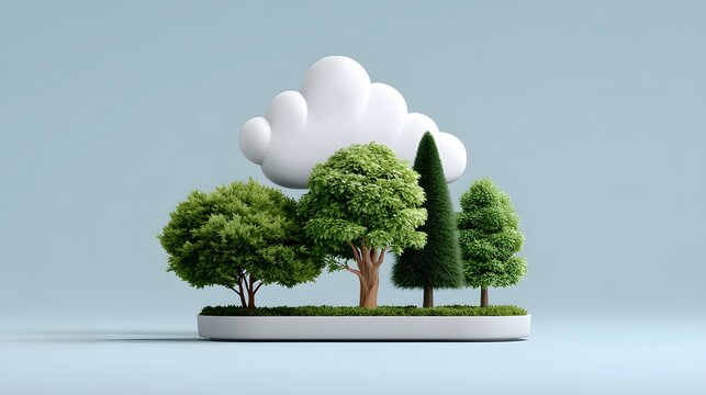 Minimalist 3D render concept of a miniature forest ecosystem with various green trees and a white cloud symbol floating above ecosystem environment miniature sustainable conservation woodland
