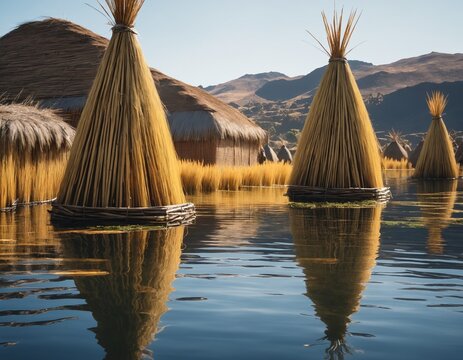 Hyper-realistic professional photo of Floating totora reed islands on high altitude Lake Titicaca
