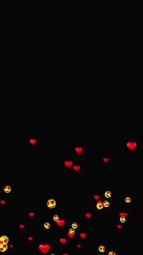 Heart eyes emoji faces floating upward with red hearts with transparent alpha channel, love animation loop, vertical video
