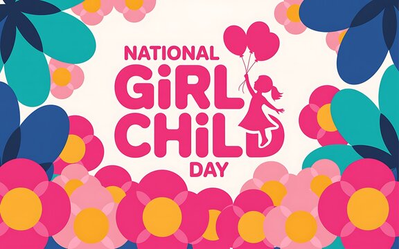 National girl child day greeting card with silhouette of a girl holding balloons and colorful flowers